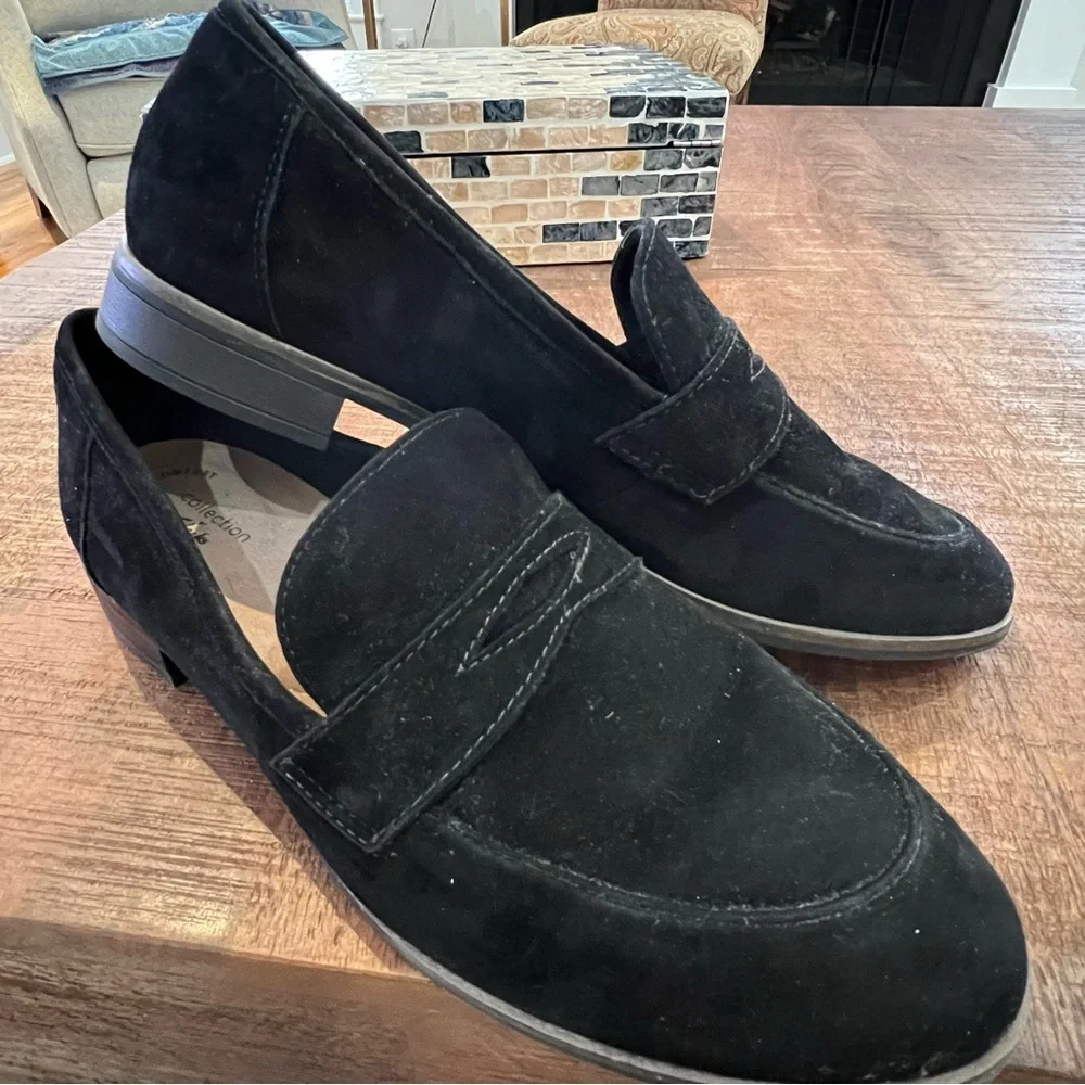 Clarks black suede loafers 11W